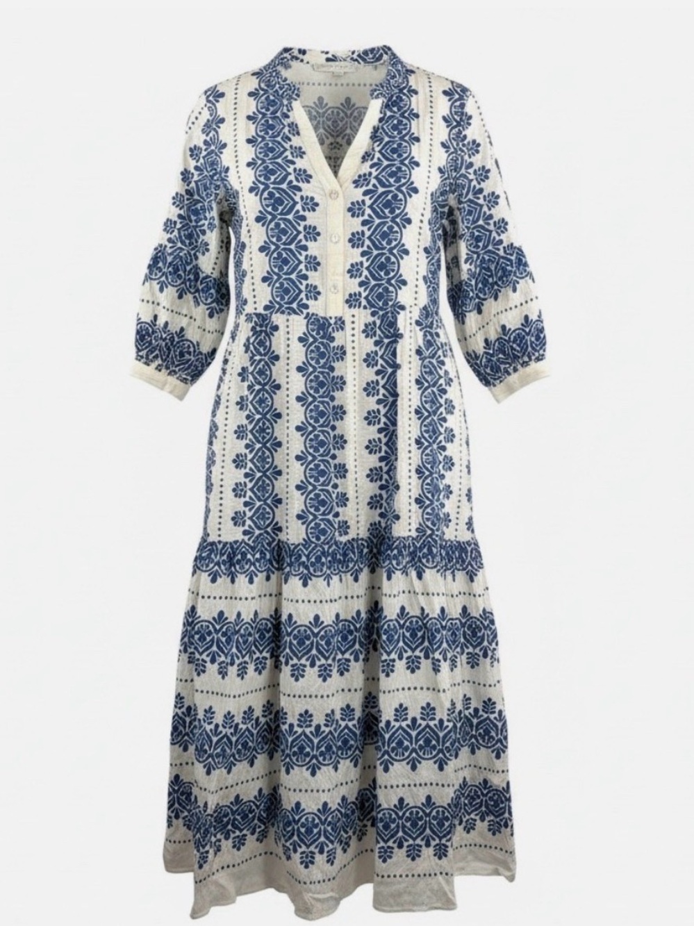 White and Blue Embroidered V‑Neck Maxi Dress